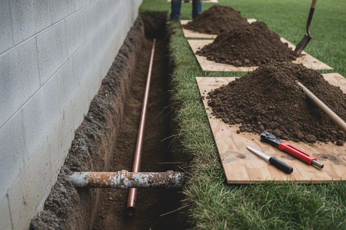 Excavated water line trench during Water Softener Installation in Park Forest